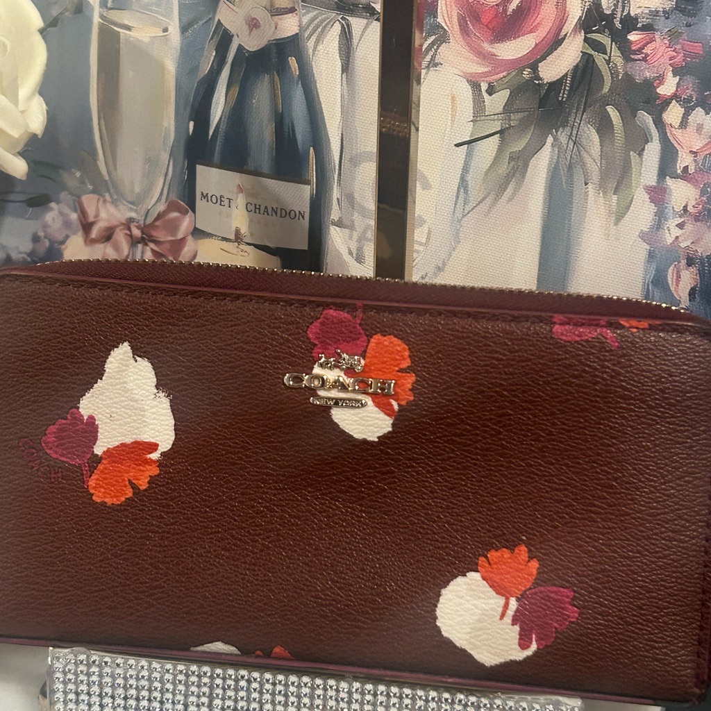 Coach Burgundy Floral Leather Zip Clutch